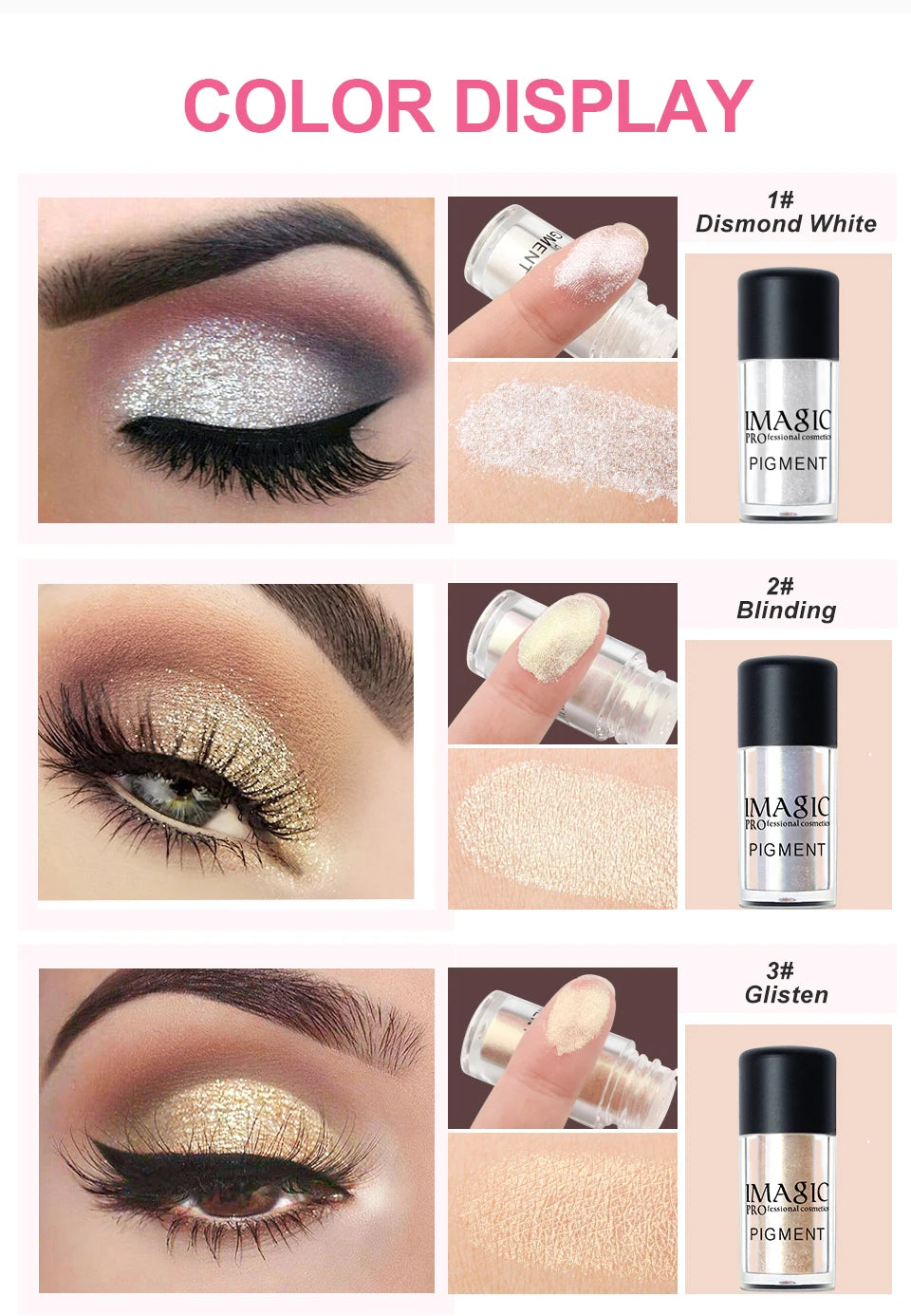 IMAGIC New Arrival Glitter Eyeshadow Metallic Loose Powder Waterproof Shimmer Pigments Colors Eye Shadow Makeup Cosmetics