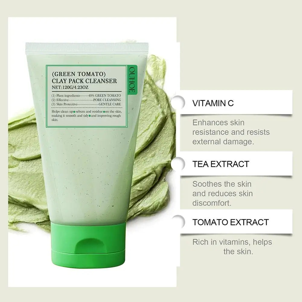 Green Tomato Clay Mask,Fully Green Tomato Clay Mask Cleanser, Green Tea Exfoliating Gel Cleanser Nourishing Cleanser Facial Care